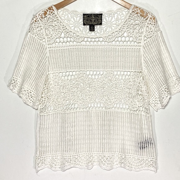 ANTHROPOLOGIE JAMES COVIELLO White Lace Crochet Sheer Short Sleeve Top medium - Picture 6 of 9
